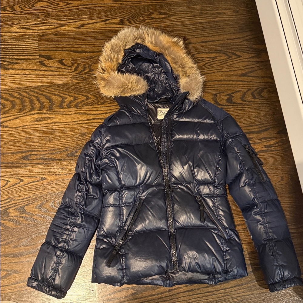 Navy Puffer Sam Jacket with Fur Hood
